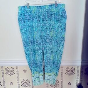 Catherines Patterned Rayon Cropped Blue Green Pull On Pants 1X Elastic Waist